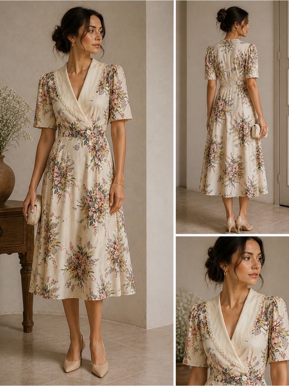 Vintage cottagecore Ambria Floral faux wrap, maxi  Dress with lace collar size 8